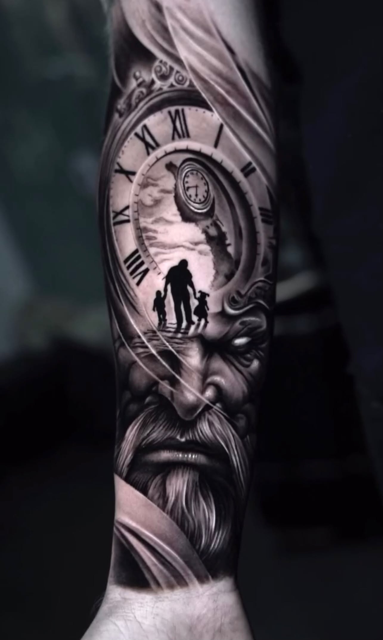 Black and grey sleeve tattoo with a clock and family silhouettes